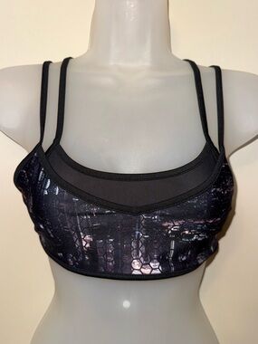 Flexi Black Mesh-Trim Double-Strap Sports Bra with Subtle Pattern